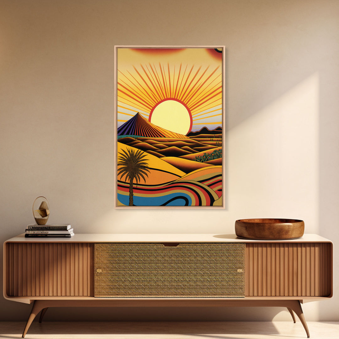 Art Deco Style Desert Landscape Painting Canvas Print, Framed Canvas Art, Unique Arizona Pueblo Style Southwestern Art