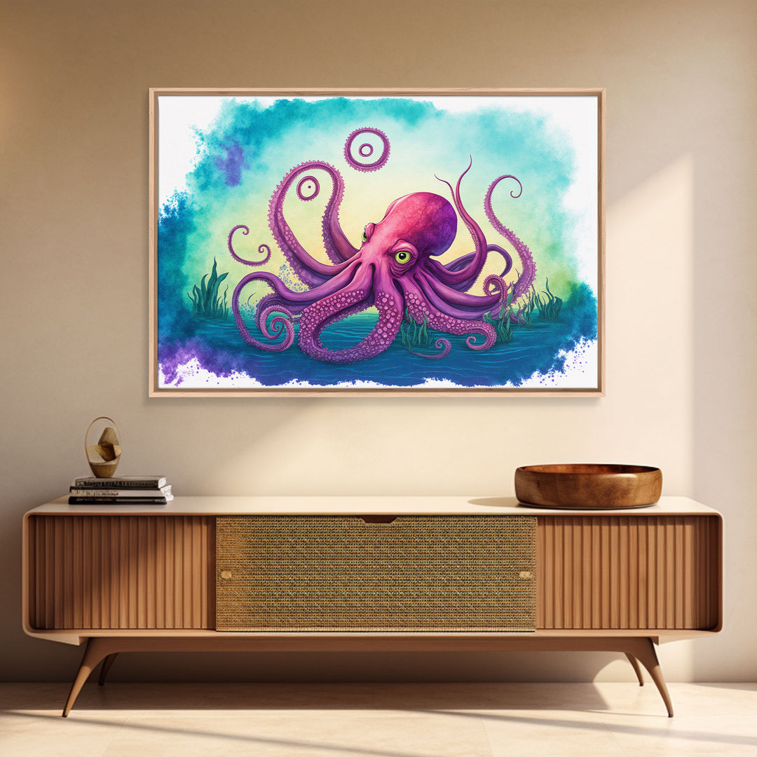 Octopus Art, Animal Prints, Framed Canvas Print, Ocean Themed Wall Art