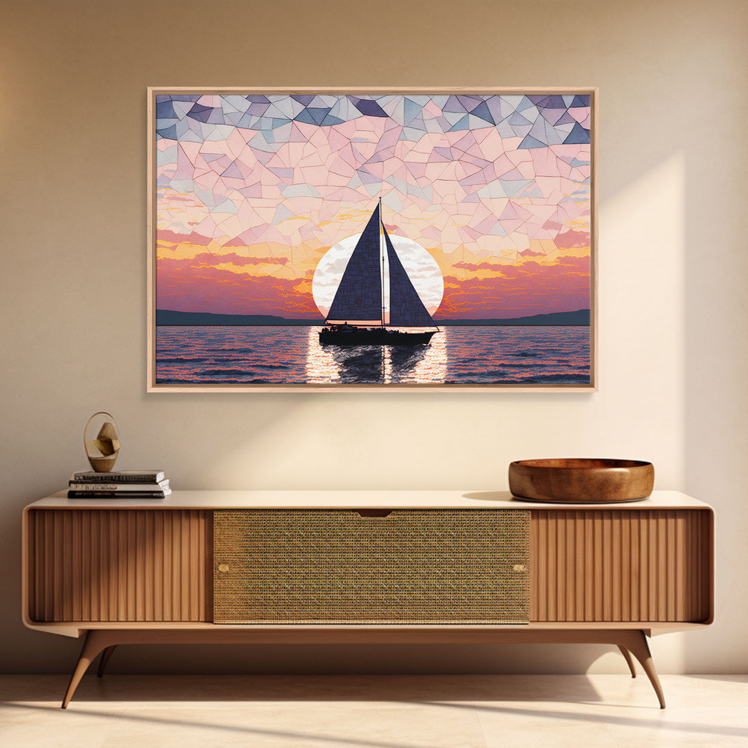 Sailing Under a Stained Glass Sky, Framed Canvas Print, Canvas Art, Nautical Art Deco Style Sunset Art