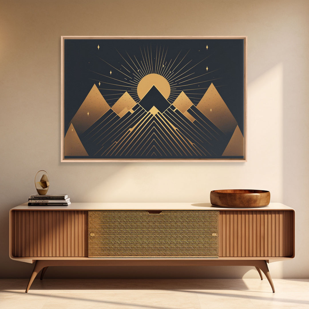 Art Deco Style Mountain landscape at Sunset, Framed Canvas Print, Large Format Wall Art, Huge Wall Decor, Black and Gold