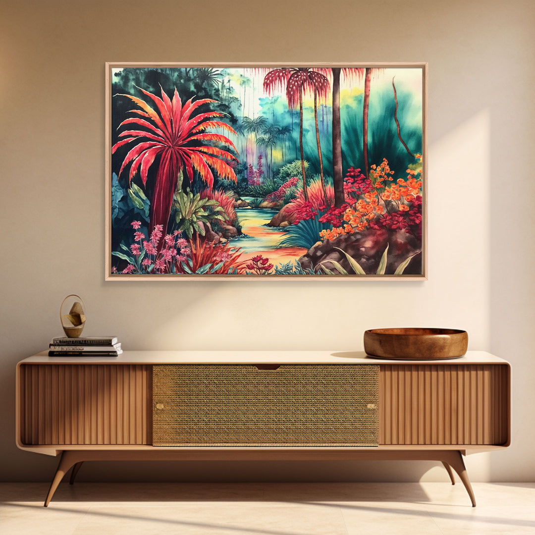 Tropical Jungle Paradise Watercolor, Framed Canvas Print, Canvas Art, Colorful Jungle Painting