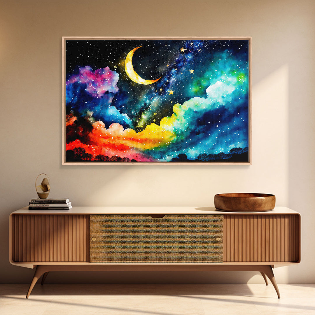 Rainbow Starry Night Sky, Milky Way Galaxy Abstract, Framed Canvas Print, Unique Scifi Space Art, Nursery Art For Kids