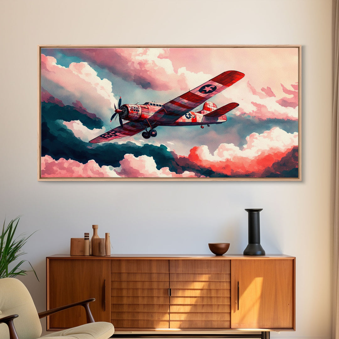 1930s Airplane in Flight, Watercolor, Framed Canvas Print, Home Decor For Pilots, Gift for Airplane Enthusiasts