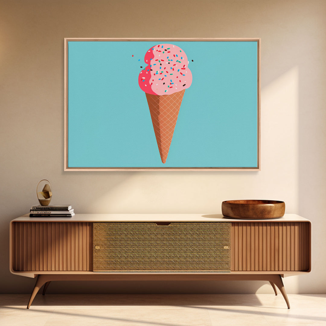 Pop Art Ice Cream Cone With Sprinkles, Retro Style Framed Canvas Print Art, Turquoise Art, Vintage Inspired Ice Cream Shop Wall Art