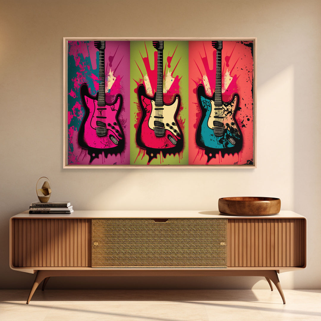 Electric Guitar Pop Art, Instrument Drawings, Framed Canvas Print, Pop Art, Graffiti Splatter Art, Large Living Room Wall Decorr