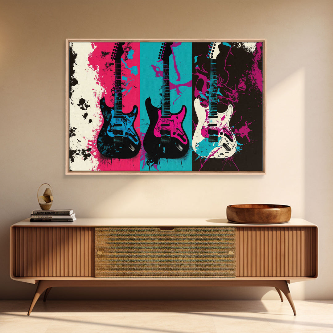 Electric Guitar Graffiti Punk Pop Art, Instrument Drawings, Framed Canvas Print, Pop Art, Splatter Art, Large Living Room Wall Decorr