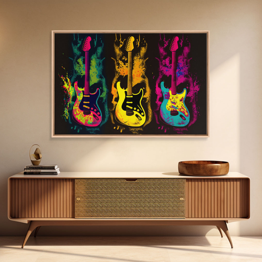 Psychedelic Electric Guitar Graffiti Pop Art, Instrument Drawings, Framed Canvas Print, Pop Art, Splatter Art, Large Living Room Wall Decorr