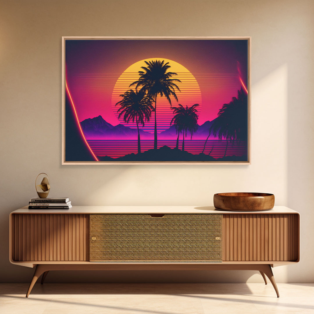 Synthwave Sunset Behind Beautiful Palm Trees, 1980s Style Retro Home Decor, Framed Canvas Print