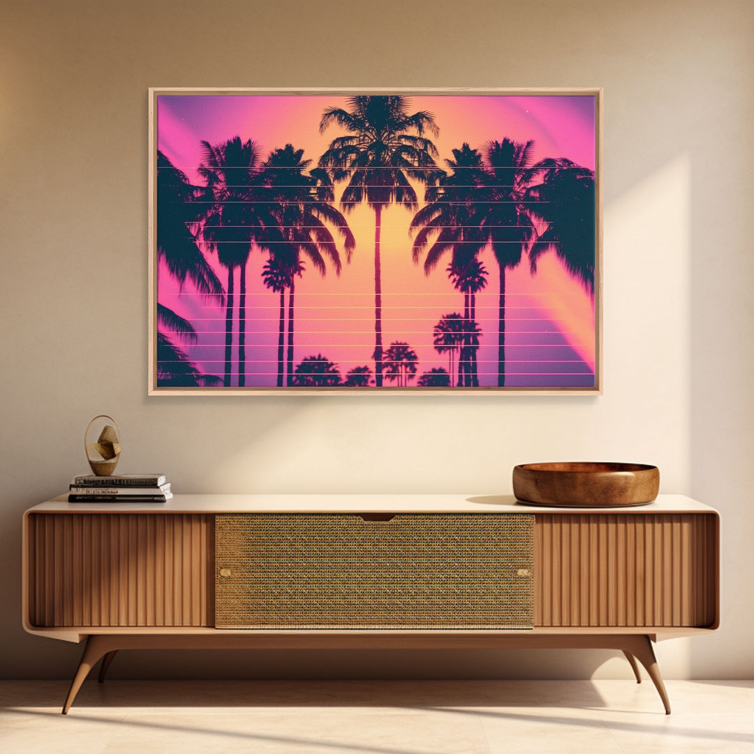 Synthwave Sunset Art, Framed Canvas Print, Palm Tree 80s Vibe Wall Art