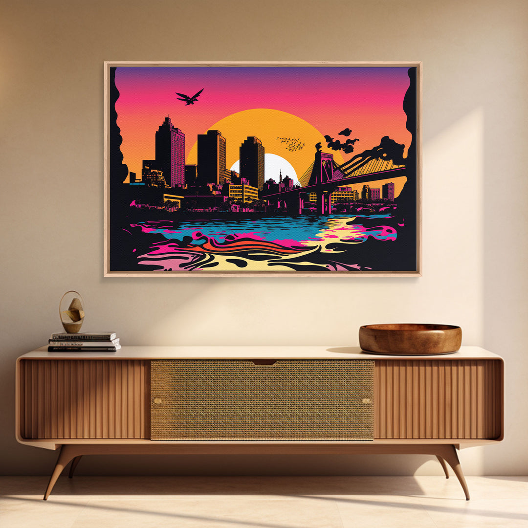 Beautiful Portland, Oregon Retro Synthwave Style Sunset Art, Framed Canvas Print, Pacific Northwest City Art