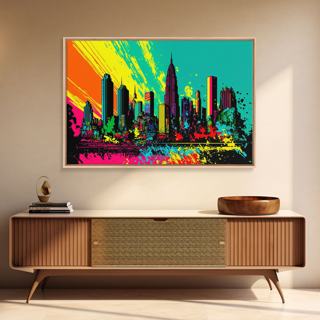 Chicago City Skyline Graffiti Art, Framed Canvas Print, Large Office Wall Decor, Huge Living Room Art