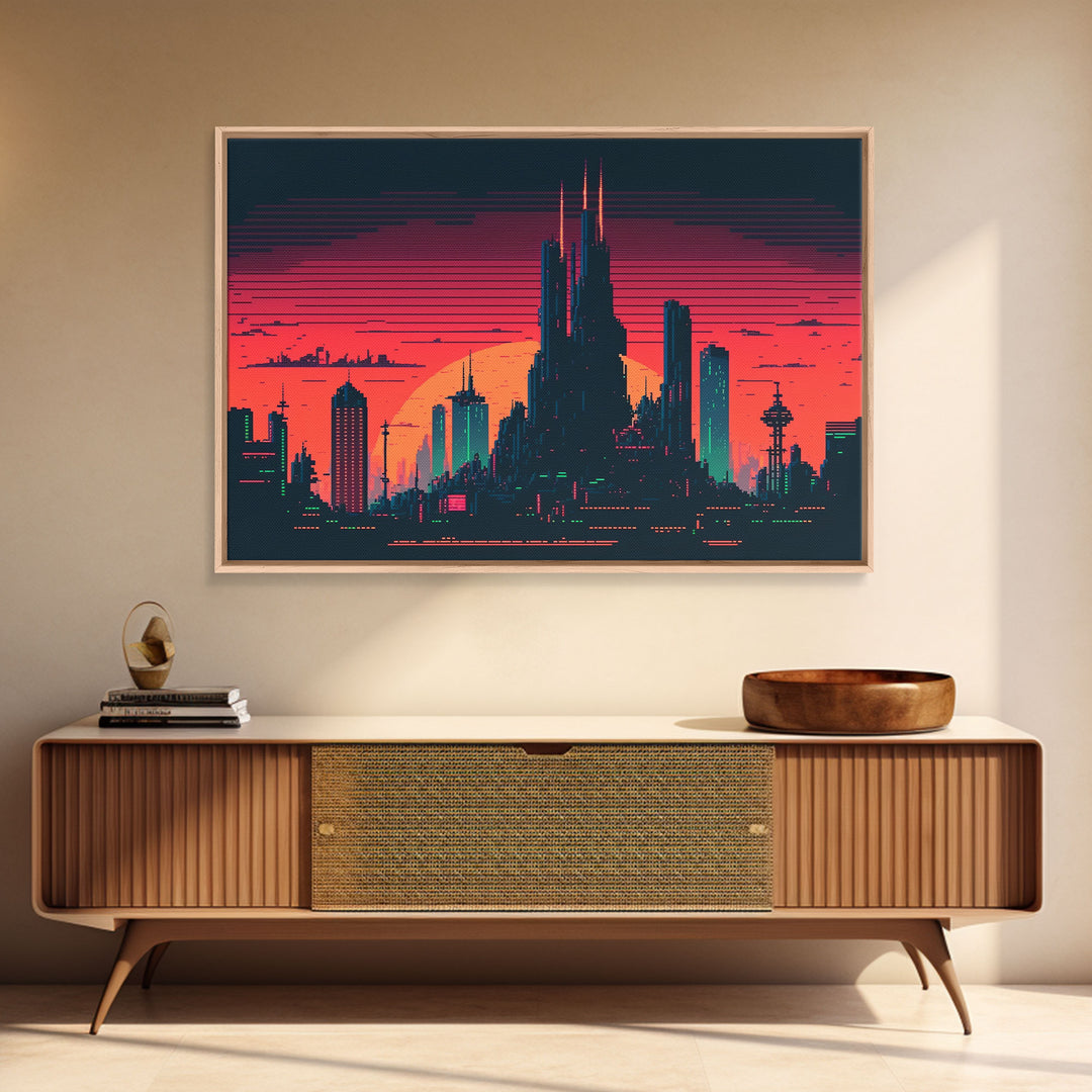 Outrun Style Pixel Art Futuristic Cyberpunk City Skyline at Sunset, Concept art, framed canvas print, dystopian art