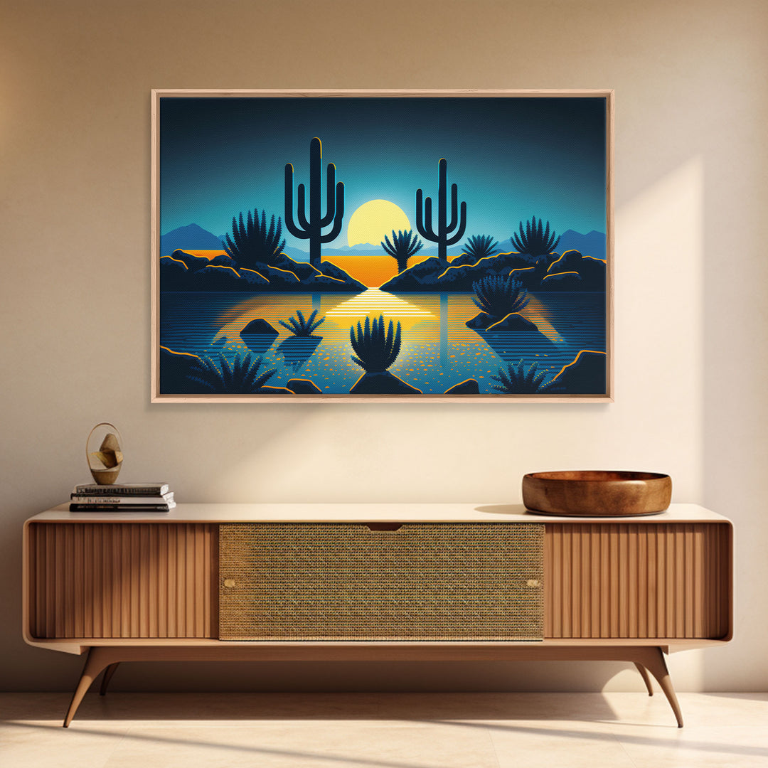 Retro Art Deco Style Pueblo Desert Art, Cactus Desert Landscape under a Full Moon, Framed Canvas Print, Cute Western Decor