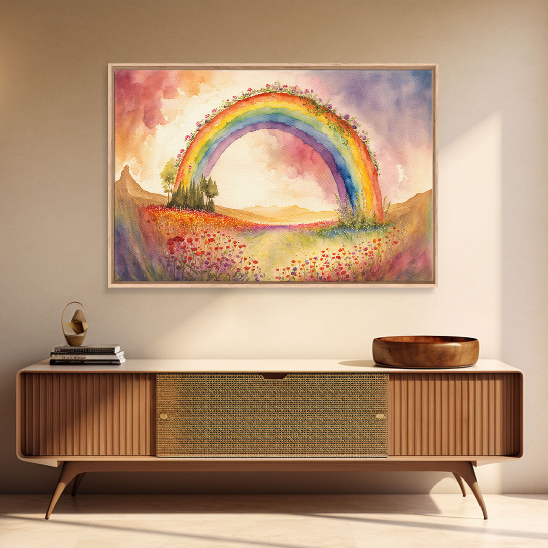 Watercolor of a Rainbow With Flowers, Framed Canvas Print, Framed Wall Art, Huge Framed Living Room Wall Decor, Rainbow and Flowers, Floral