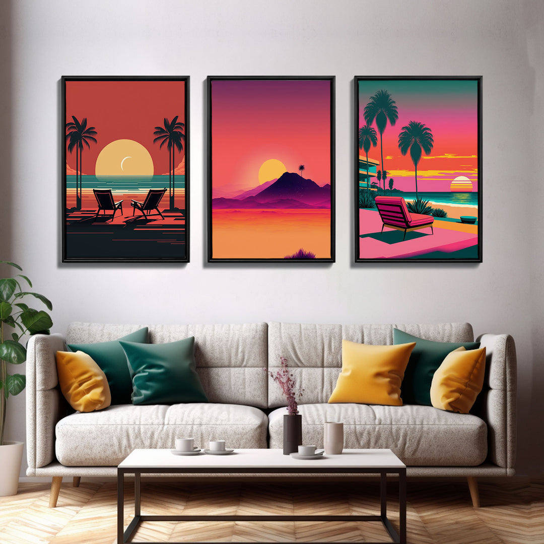 Outrun Style Midcentury Modern Wall Art, Framed Canvas Prints, Triptych Wall Art, 3 Panel Canvas Art, Retro Synthwave Beach Vibes Art