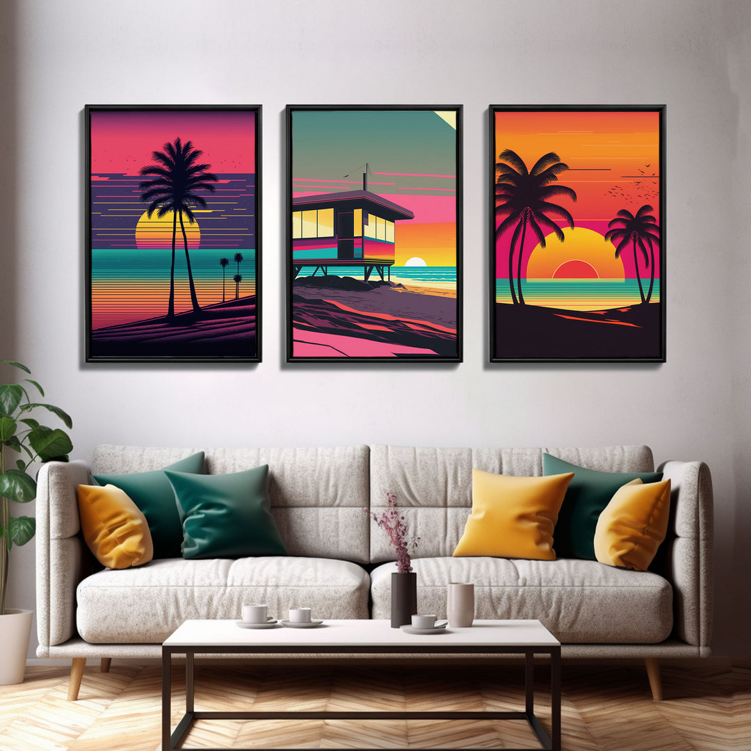 Beach Vibes, 3 Panel Wall Art, Framed Canvas Prints, Triptych Art, 3 Piece, 80s Vibes Vaporwave Wall Art, Life Guard Hut and Palm Trees