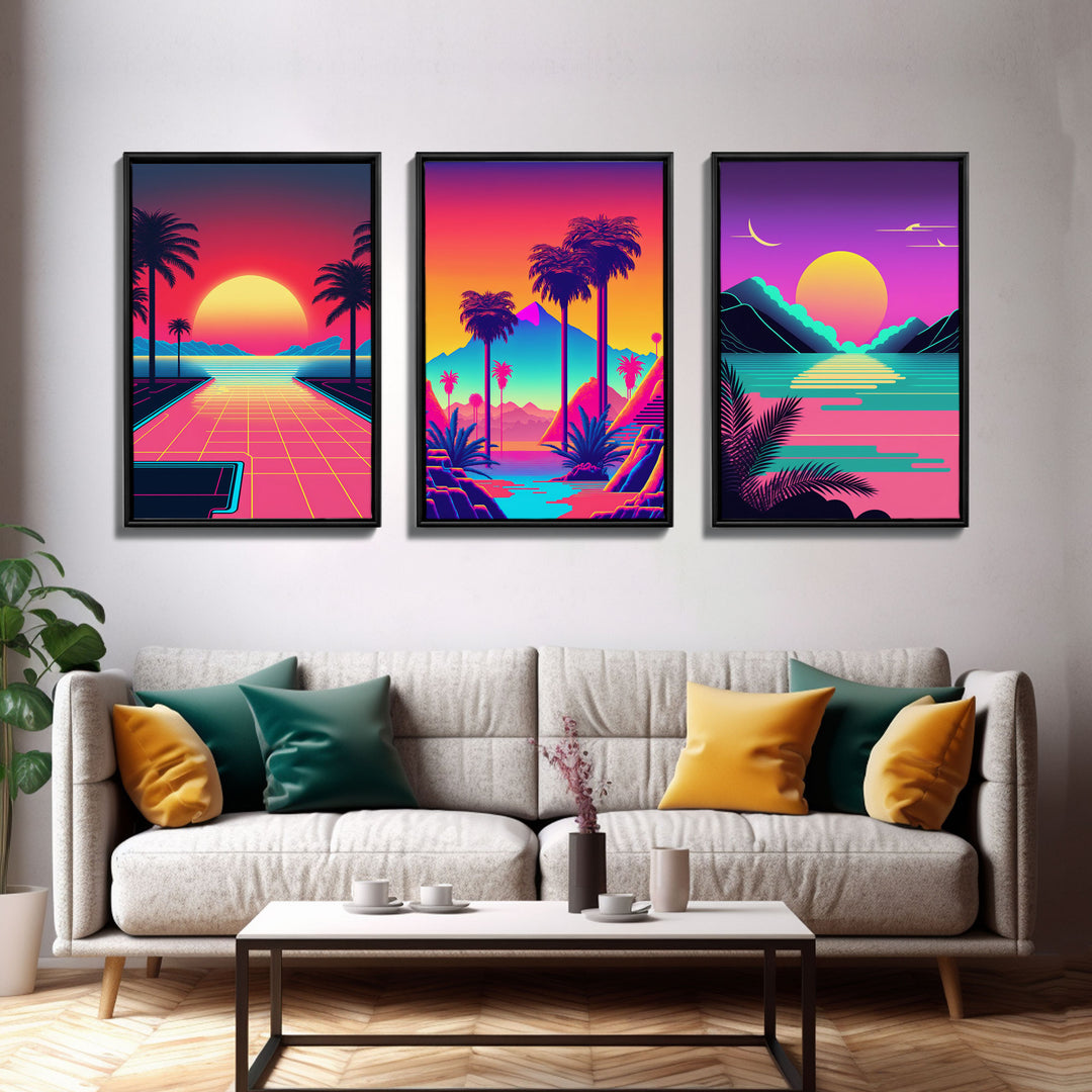 Retro 80s Style Art, 3 Panel Framed Canvas Prints, Canvas Wall Art, Synthwave / Vaporwave Aesthetic Retro Style Wall Art