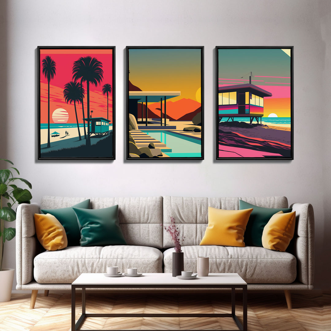 MCM Style Retro Wall Decor, Framed Canvas Prints, Triptych 3 Panel Wall Art, Retrowave Beach Art, Synthwave / Vaporwave Architecture Art