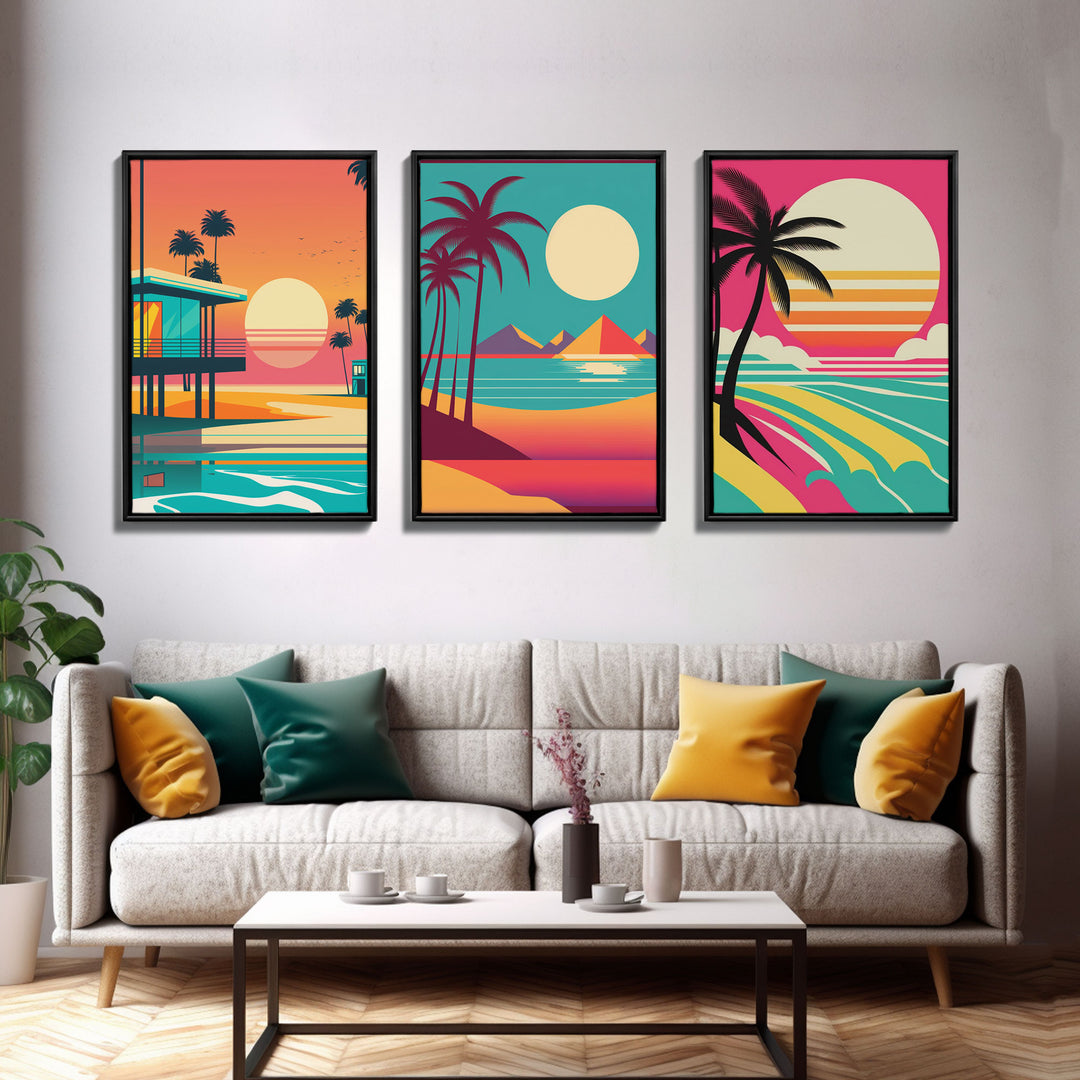 Midcentury / At Deco / Vaporwave mashup, Palm Trees & Beach Art, Framed Canvas Prints, 3 Panel Triptych Art, 80s Vibes