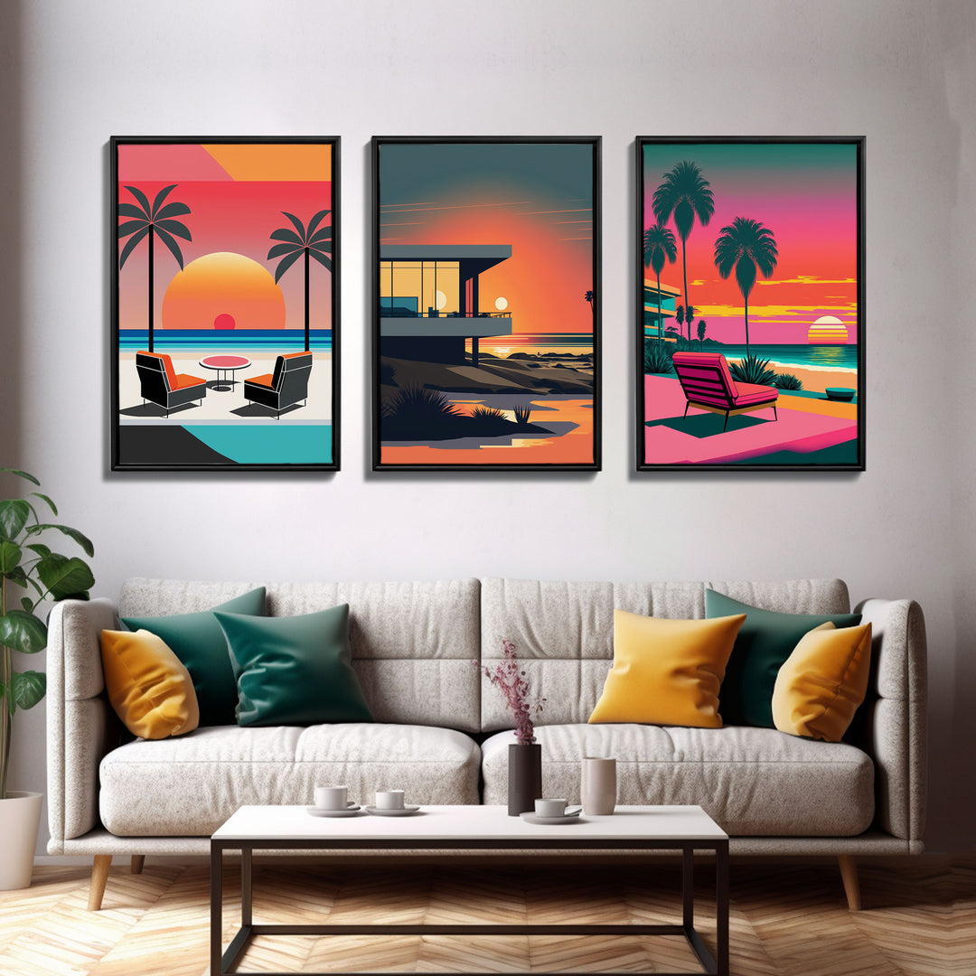 Vaporwave Aesthetic Wall Art Framed Canvas, Set of 3 Framed Canvas, Tropical Decor, Travel Posters, Original Art Framed Canvas