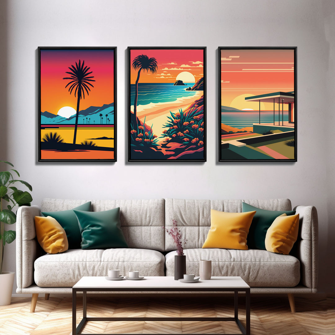 Desert Art, California Themed Wall Art, Framed Canvas Prints, 3 Piece Wall Art, 3 Panel Triptych Art, Retro Style, Orange Hues Art