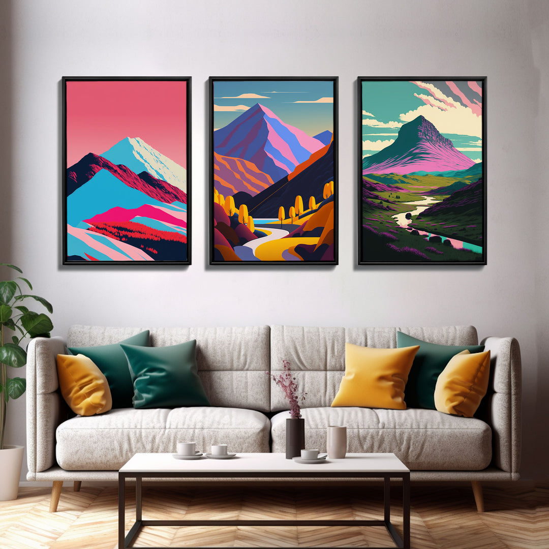 Minimalist Midcentury Wall Art, Framed Canvas Prints, 3 Piece Wall Art, Abstract Art, Modern Wall Decor, Mountain Landscape