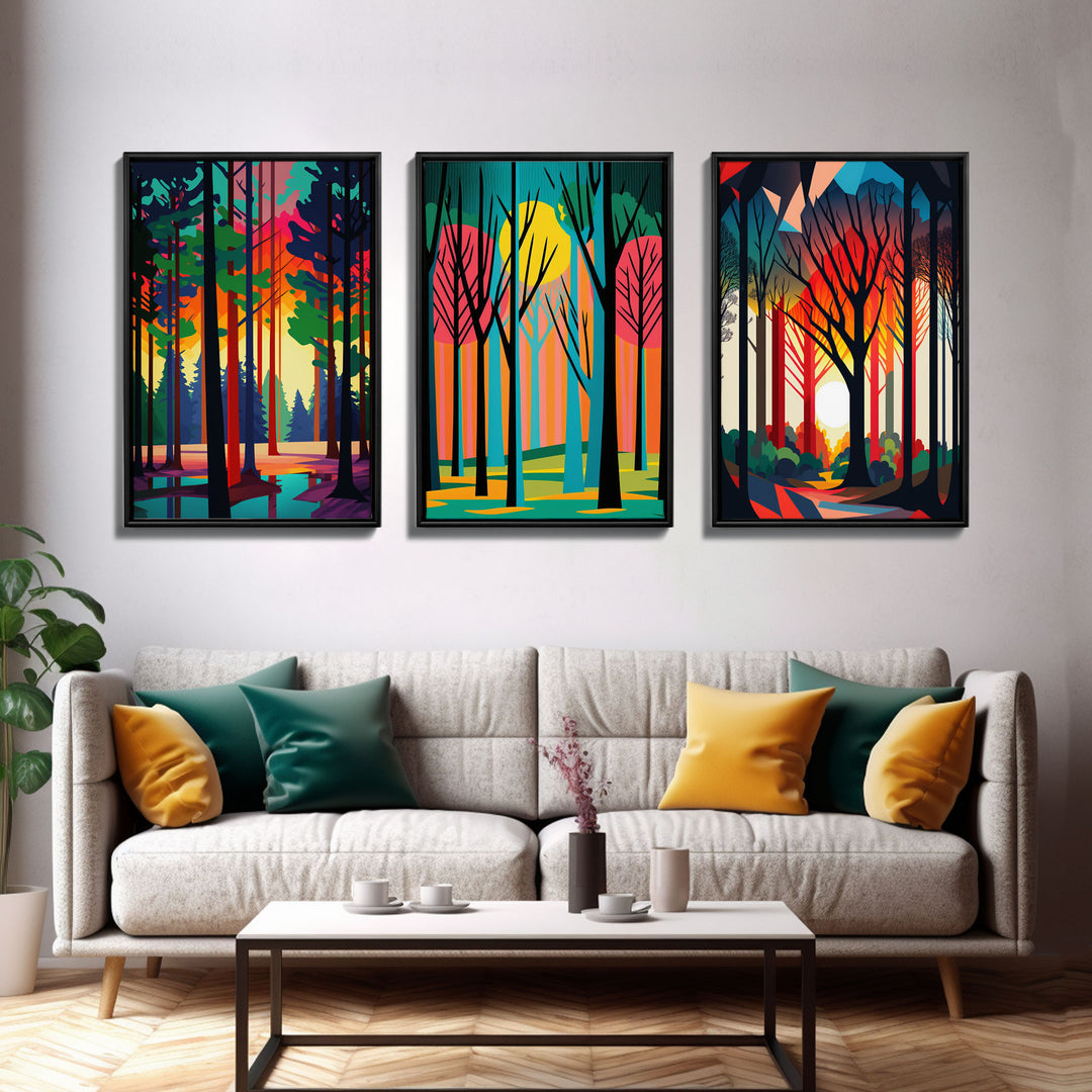 Retro Pine Tree Forest In The Fall, 3 Piece Canvas, 3 Panel Art, Framed Canvas Art, Colorful Abstract / Minimalism Landscape Art