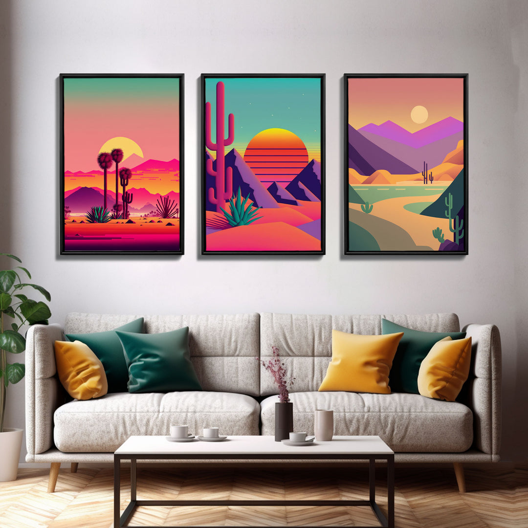 3 Piece Framed Canvas Wall Art, Synthwave / Vaporwave Sunset, Palme Trees and Cactus, Mid Century Modern Home Artwork Boho Decor for Bedroom