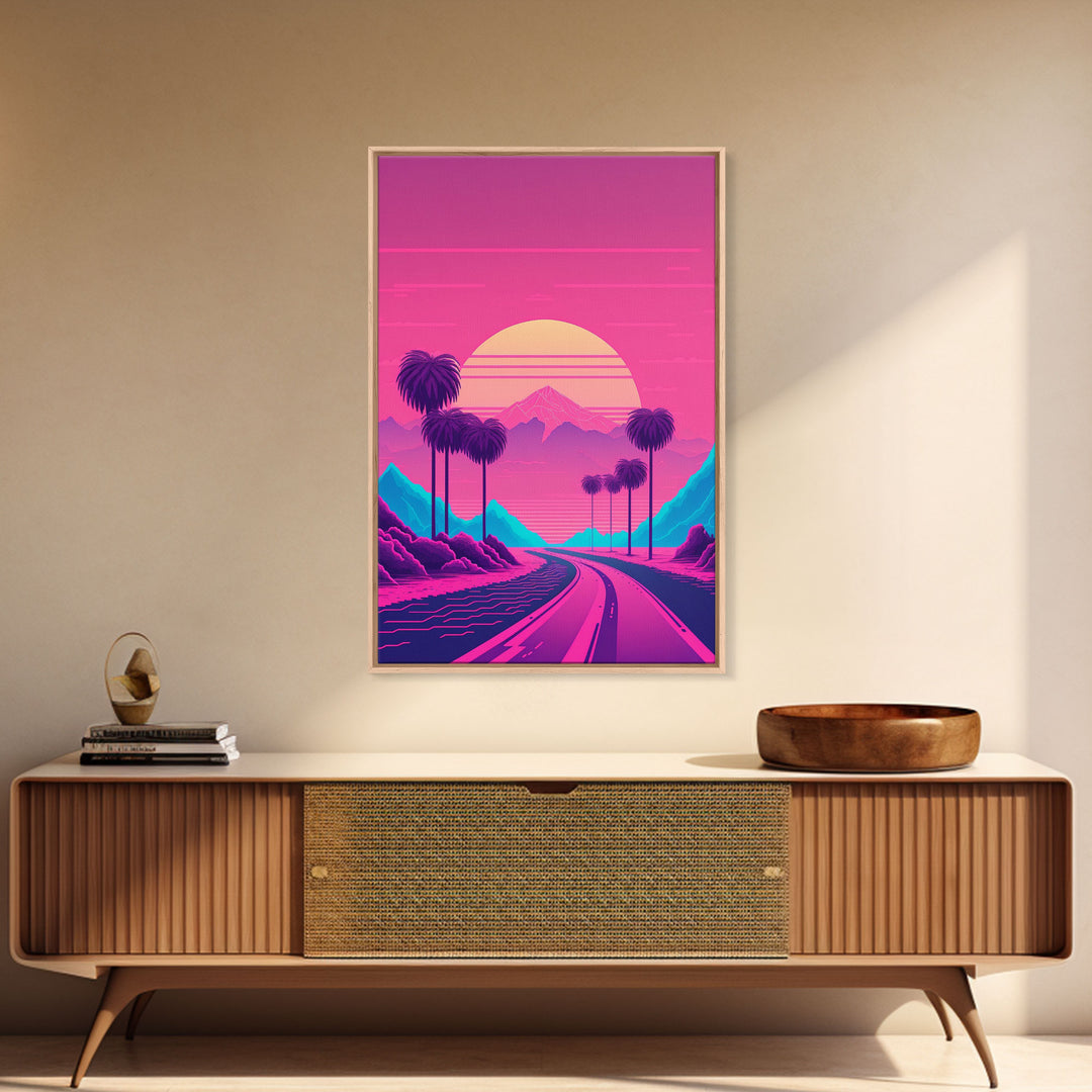 Retro Synthwave 80s Vibes Sunset Over The Mountains and Palm Trees, Highway, Framed Canvas Print