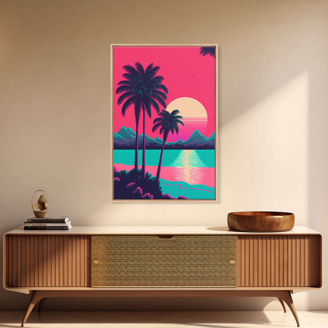 Retro Synthwave 80s Vibes Sunset Over The Mountains and Palm Trees, Highway, Framed Canvas Print