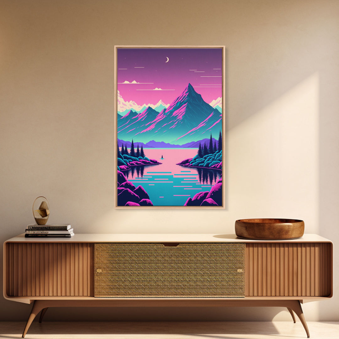 Pink and Purple Fantasy Mountain Art, Framed Canvas Print, Pacific Northwest Inspired Fantasy Art, Pop Art