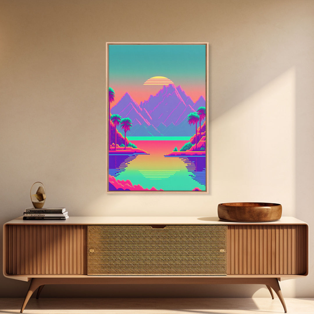 Retro Vaporwave Aesthetic Pixel Art Sunset, Turquoise and Pink Fantasy Landscape Art, Gamer Decor, Game Room Art