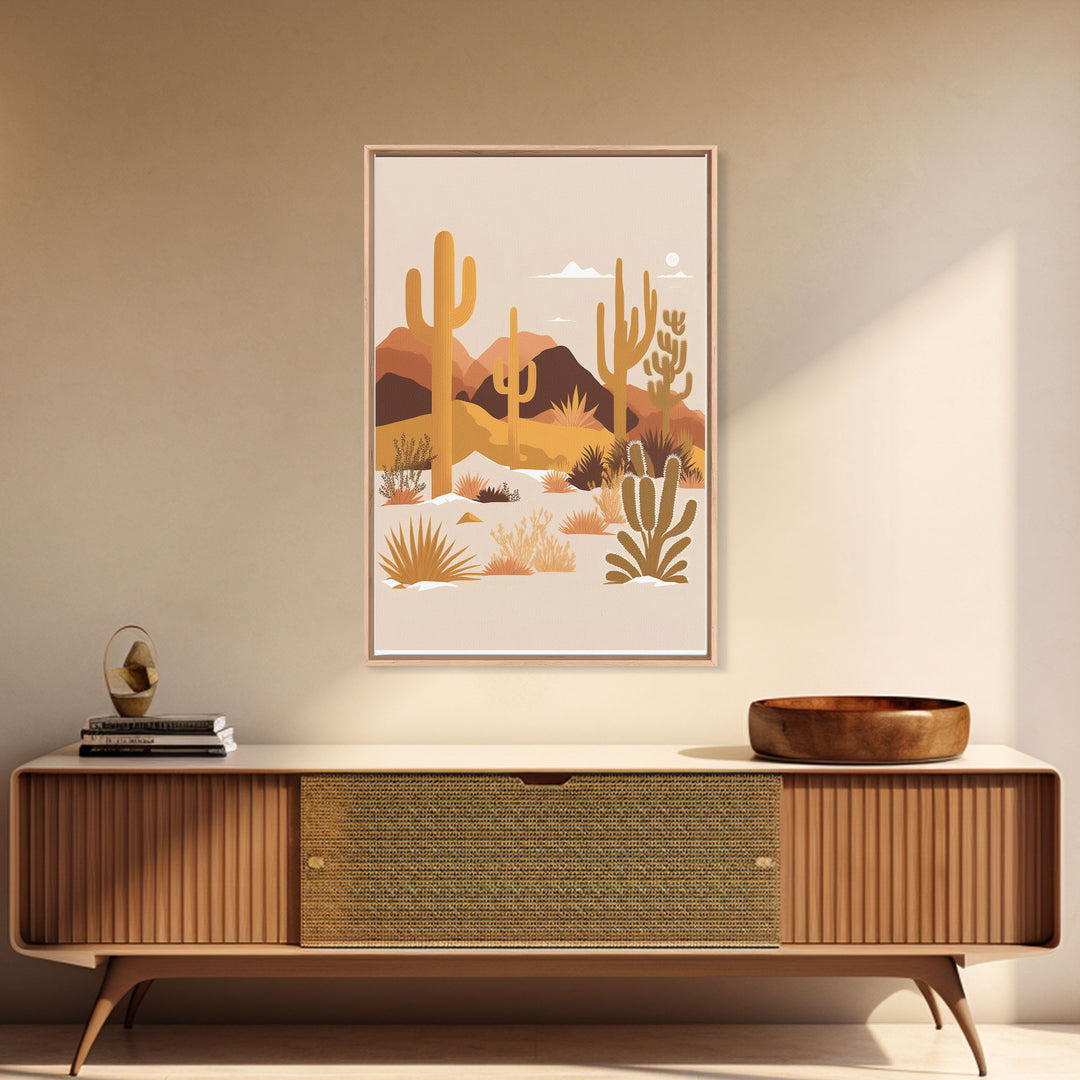 Boho Style Desert Art, Framed Canvas Print, Pueblo Style Cactus and Desert Landscape Art