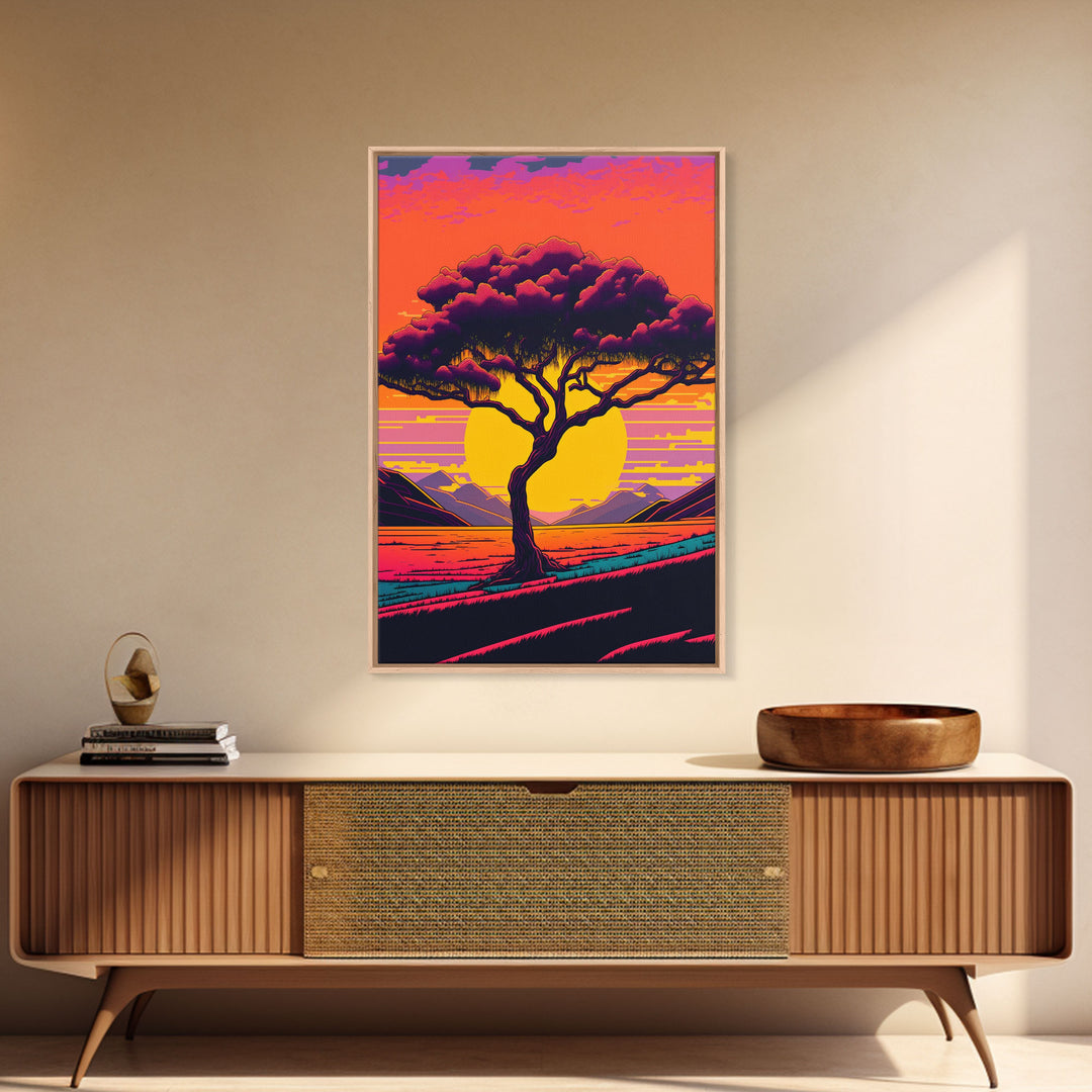 Weeping Willow At Sunset, Retro Style MCM Art, Framed Canvas Print, Trendy Wall Prints, Landscape and Sunset Outrun Art