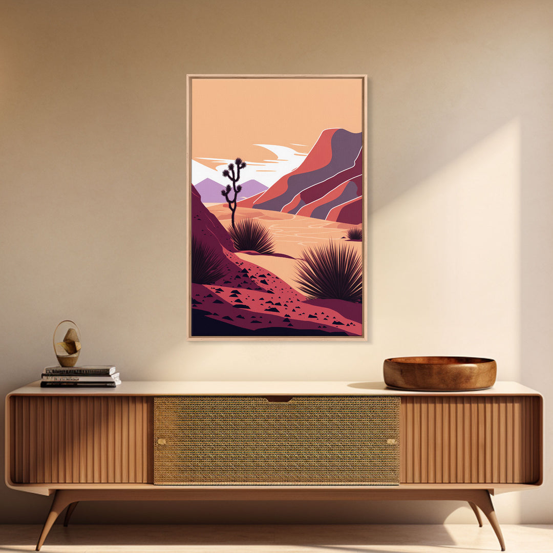 Midwestern Art, Minimalist Boho Style Desert Landscape, Framed Canvas Print