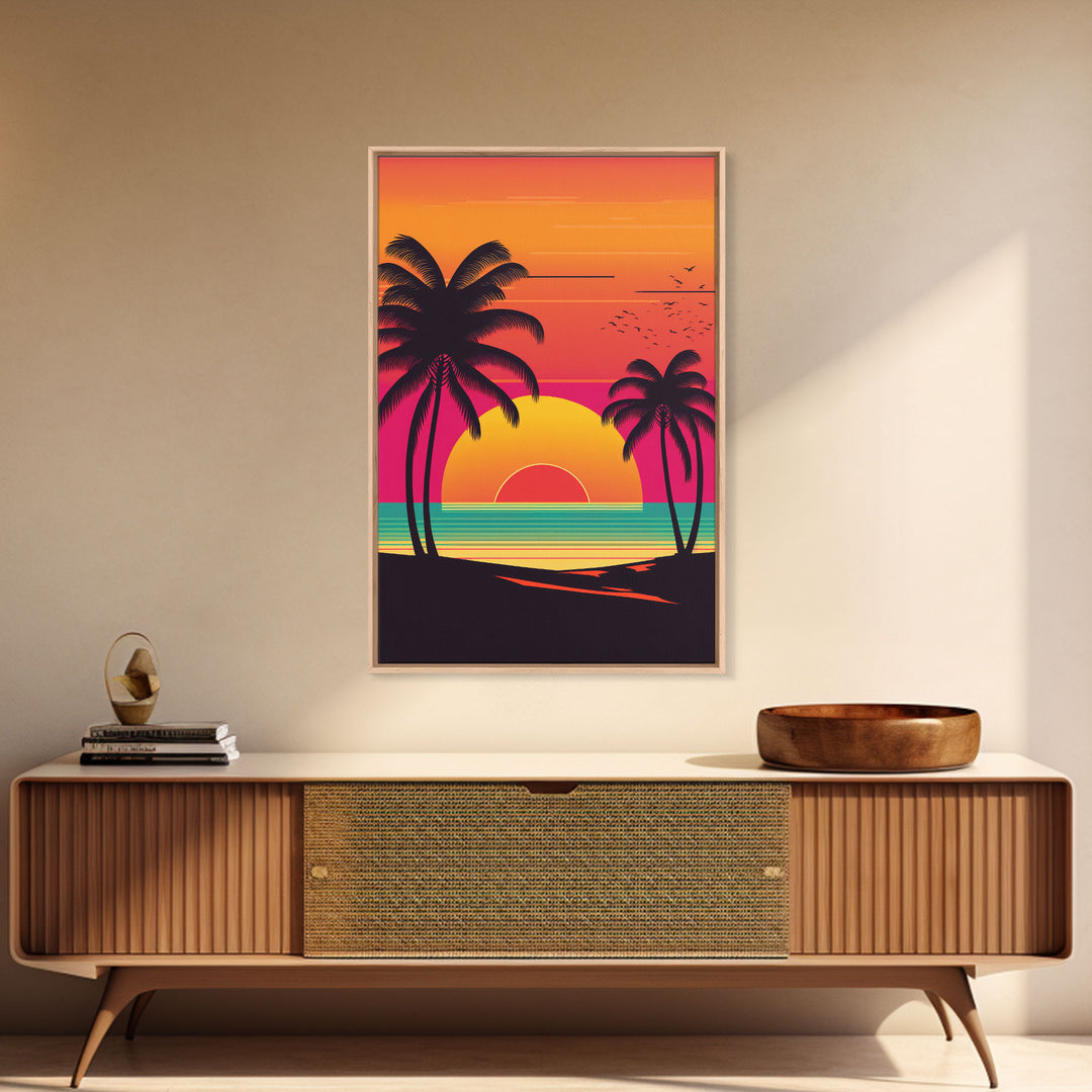 Retro Beach Vibes, Palm Trees at Sunset, Retrowave Landscape Art, Framed Canvas Print,  Florida Art, California Art, Game Room Decor