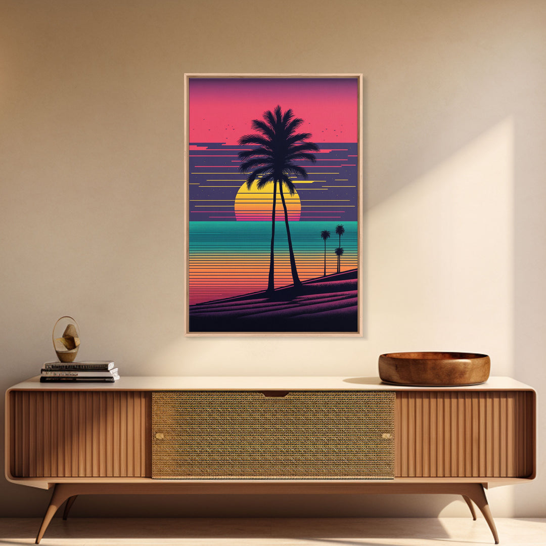 Framed Canvas Print | Synthwave Sunset with Palm Trees | Home Decor | Ready to Hang | Retro Style Decor