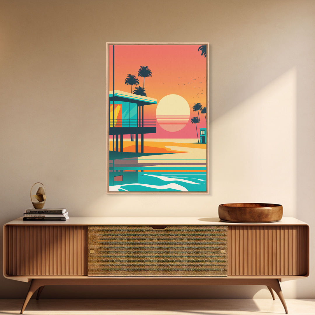 Art Deco Sunset Beach Canvas Print, Minimalist Retro Palmtree Vibe, Vaporwave Art, 80s Retro Vibes, Miami Inspired Art