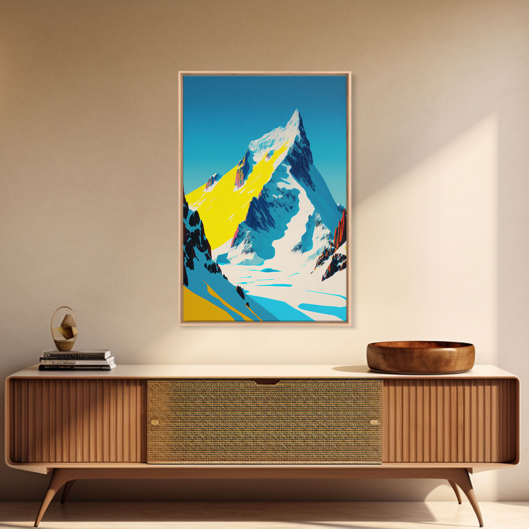 Retro Mount Everest Landscape Art, Framed Canvas Print, Retro Style Painting, Snow Capped Peaks, Orange Landscape, Minimalist MCM Art