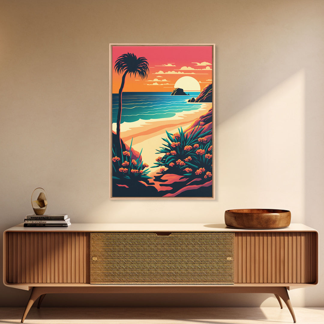 Framed Canvas Print | Art Deco Sunset, Beach, Palm Trees, Retro Style, Synthwave, Vaporwave, Island Vibes, Minimalist Beach Art