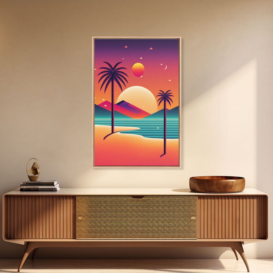 Framed Canvas Print | Art Deco Sunset | Retro Style | Palm Trees | Island Vibes | Desert Pyramids and Palm Trees | Desert Art