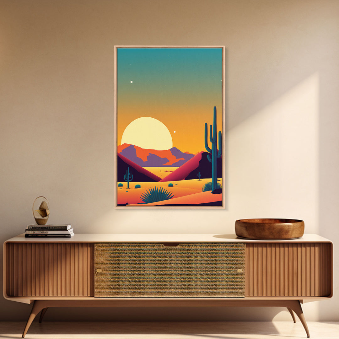 Framed Canvas Print - Pop Art Desert Landscape at Sunset - Ready to Hang Wall Art - Retro Desert Prints - Minimalist Art