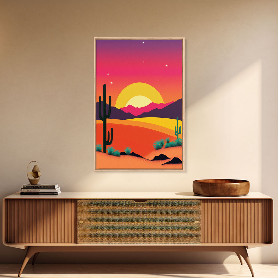 Framed Canvas Art | Sunset Desert Landscape | Pop Art Style | UV-Resistant Coating | Hand-Stretched | 1.5" Thick Wooden Frame