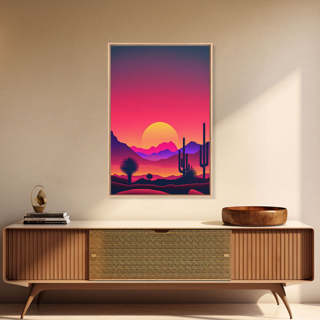 Framed Canvas Art Print - Desert Landscape at Sunset - Pop Art Style - Home Decor - Southwest Art, California Desert Decor