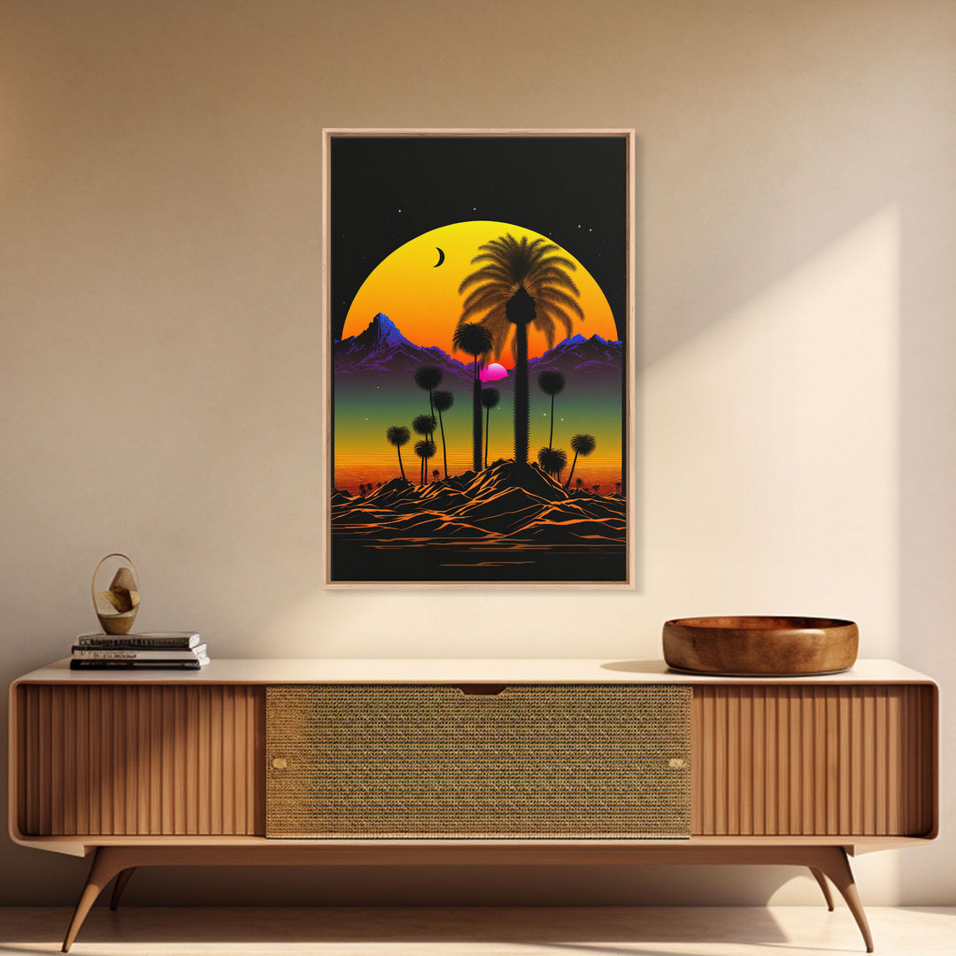 Pop Art Framed Canvas Print of Desert Landscape at Sunset, Outrun Style Sunset Full Moon Art, Unique 80s Vibe Retro Art