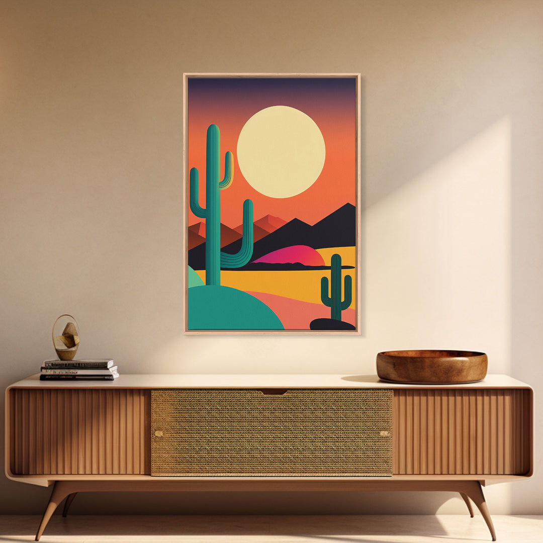 Pop Art Framed Canvas Print of Desert Landscape at Sunset, Outrun Style Sunset Full Moon Art, Unique 80s Vibe Retro Art, Art Deco