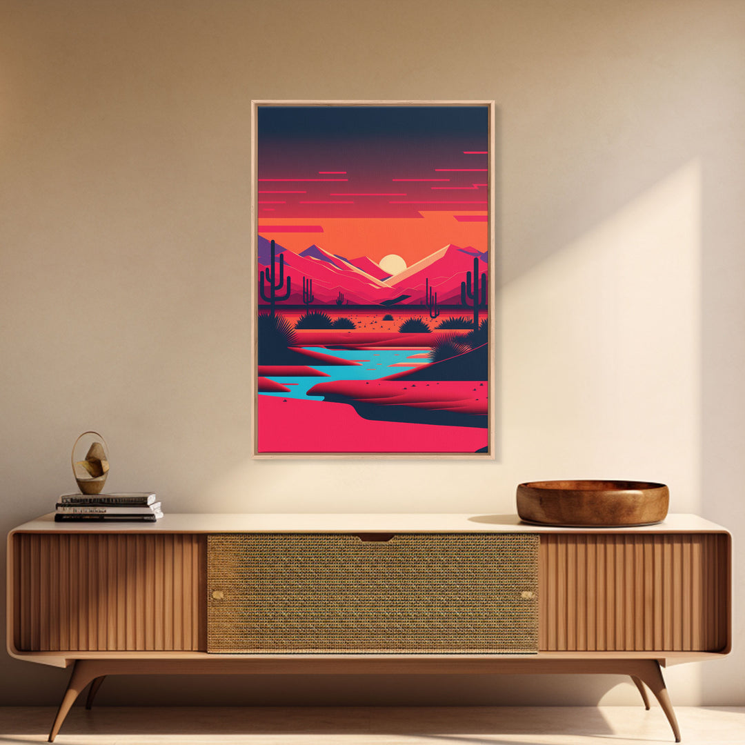 Retro Synthwave Desert Landscape Art, Framed Canvas Print, Unique Sunset Art, Living Room Wall Decor, Framed Art