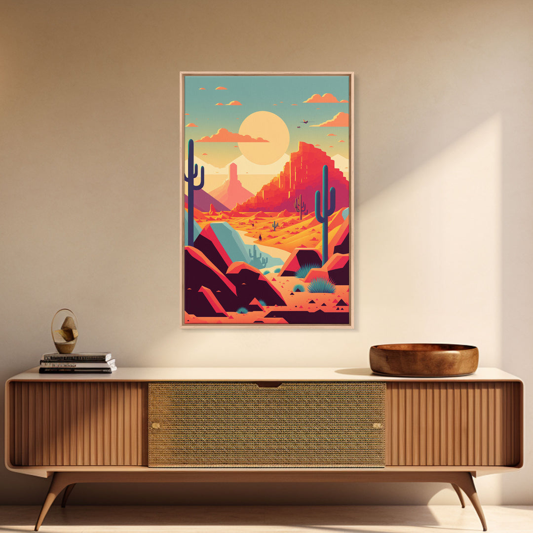 Retro Synthwave Desert Landscape Art, Framed Canvas Print, Unique Sunset Art, Living Room Wall Decor, Framed Art, Southwest Decor