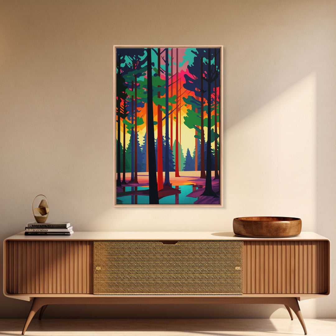 Silhouette Forest Landscape, Framed Canvas Print, Pop Art Minimalist Landscape Art