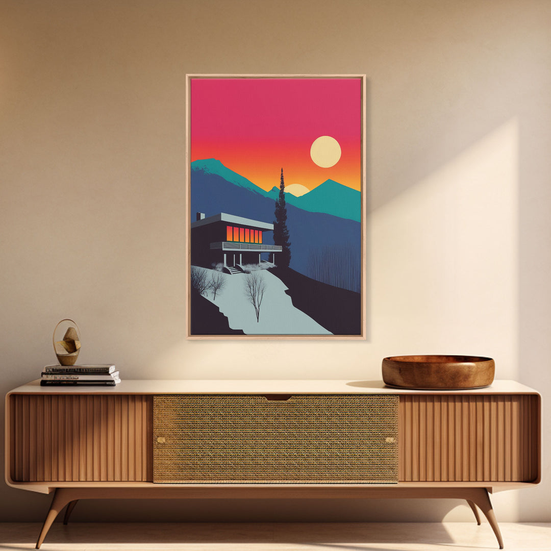 The Lodge, MCM Architecture Art, Framed Canvas Print, Midcentury Mountainside Villa, Colorado Rockies Pop Art